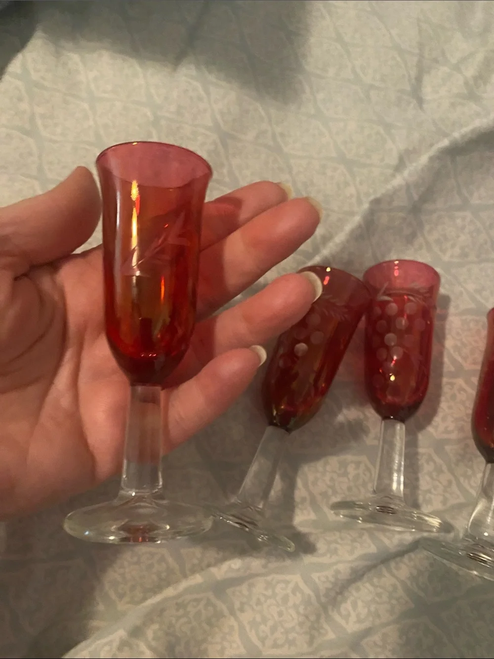 Set of 6 vintage Ruby flash Etched cordial glasses